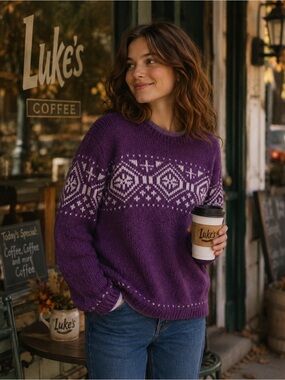 Purple Wool/Acrylic Blend Nordic Snowflake Design Sweater Sz PL
